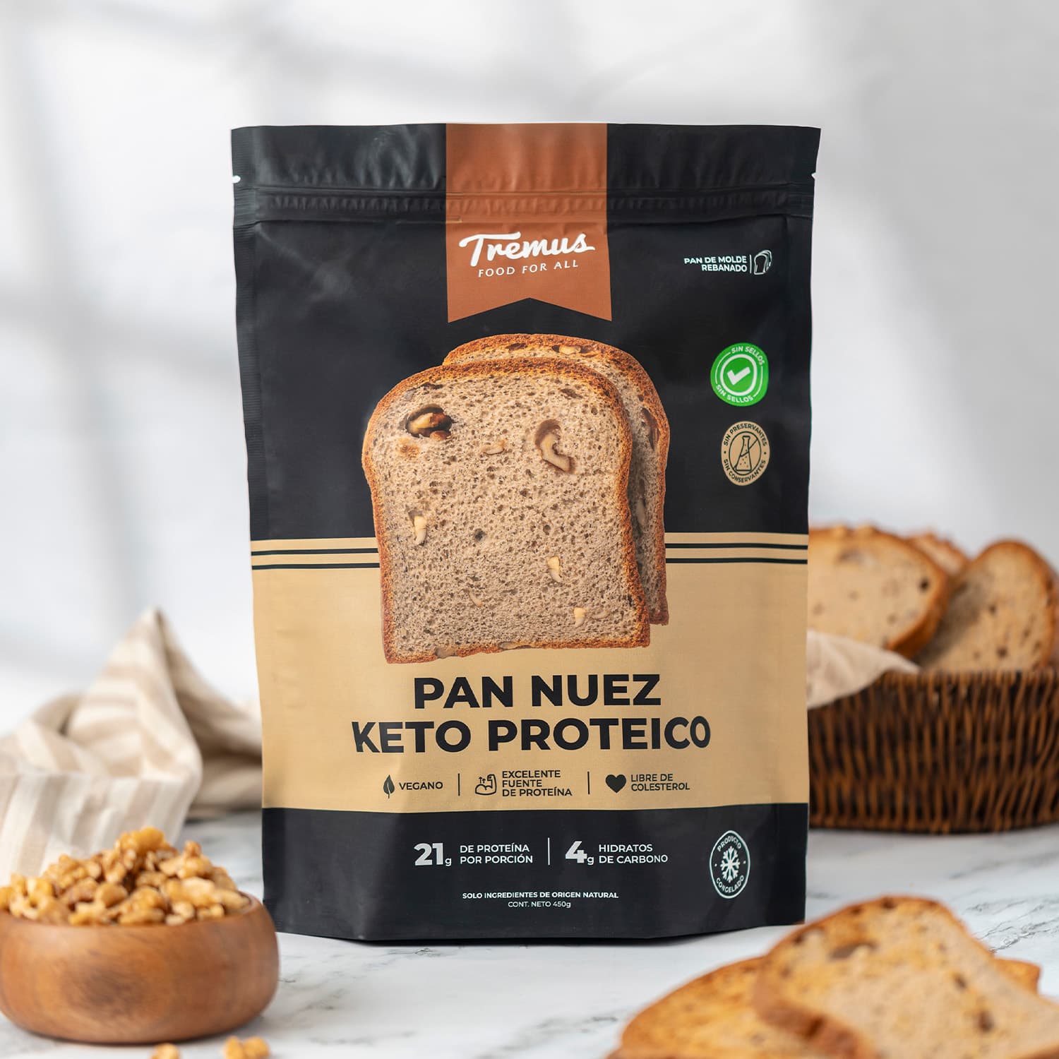 Pan de Molde de Nuez Keto Proteico y Vegano Tremus 450 g