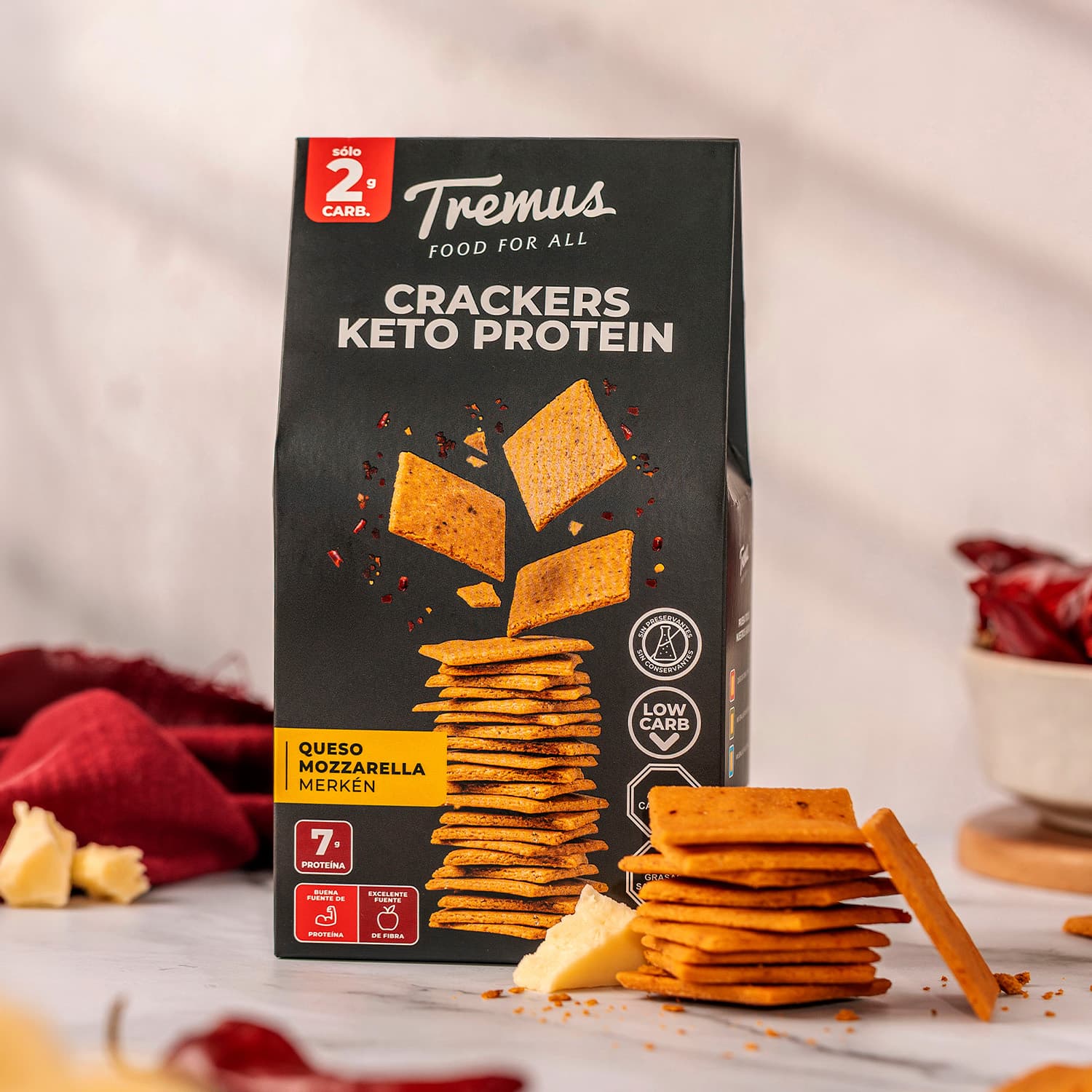 Crackers Keto Protein Queso Mozzarella y Merkén, 100 g