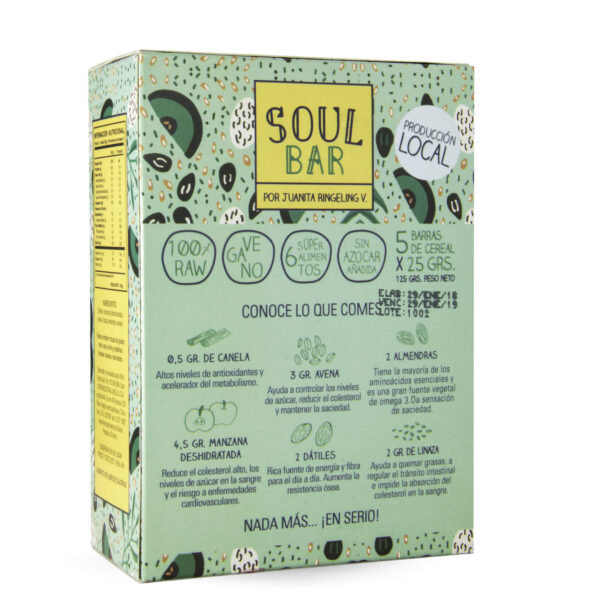 Caja de 5 Barras de Cereal Soul Bar Manzana Canela 5 un de 35 grs c/u marca Wild Foods 3 Pack 5 Barras manzana canela Soul Bar 2