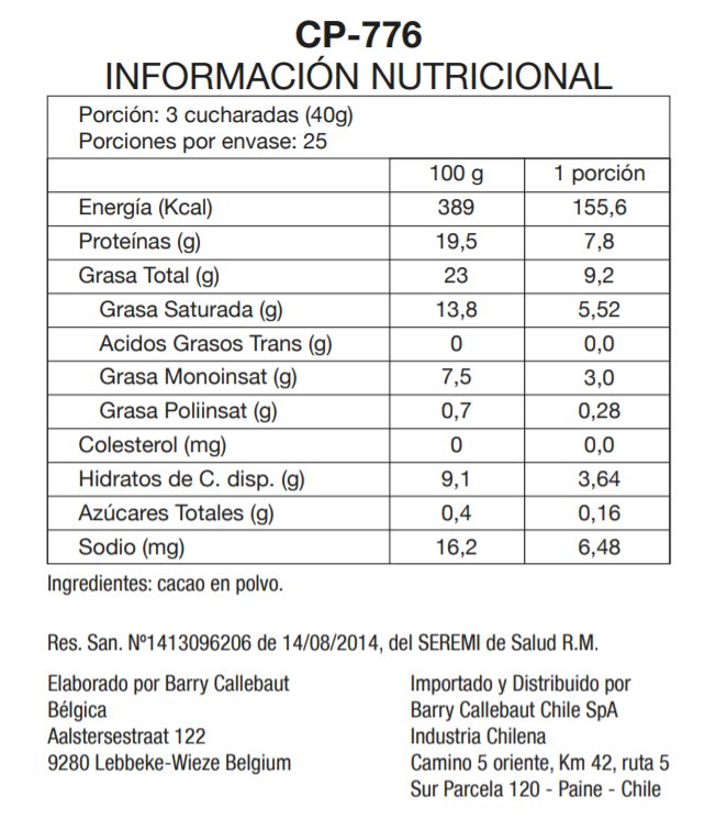 Cacao en polvo 100 Bolsa 1 kg marca Callebaut Tremus