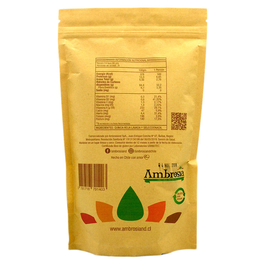 Harina de Quinoa Roja Libre de Gluten 500 grs marca Ambrosia - Imagen 2