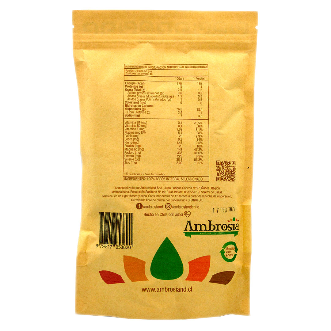 Arroz Integral Libre de Gluten 500 grs marca Ambrosia - Imagen 2