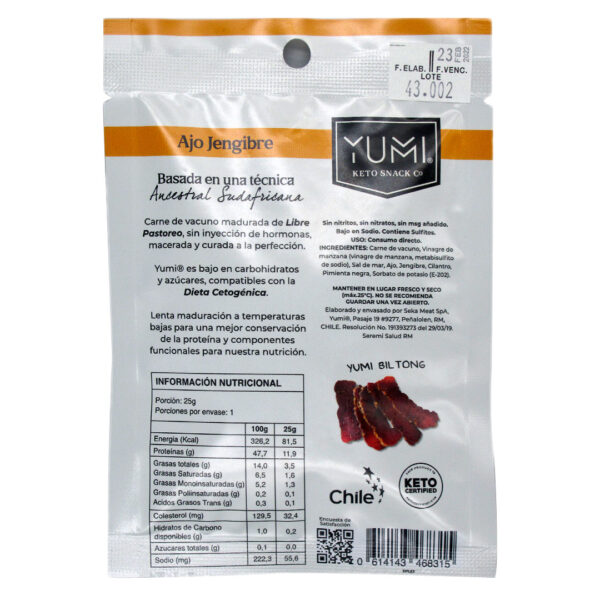 Snack Keto de Carne de Vacuno Sabor Ajo Jengibre y Pimienta 25 grs marca Yumi Yumi 3 ETIQUETA 1160148