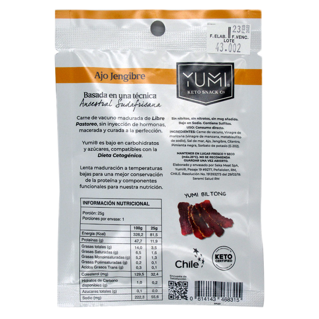 Snack Keto de Carne de Vacuno Sabor Ajo Jengibre y Pimienta 25 grs marca Yumi Yumi 2 Snack Keto de Carne de Vacuno Sabor Ajo Jengibre y Pimienta 25 grs marca Yumi Yumi - Imagen 2