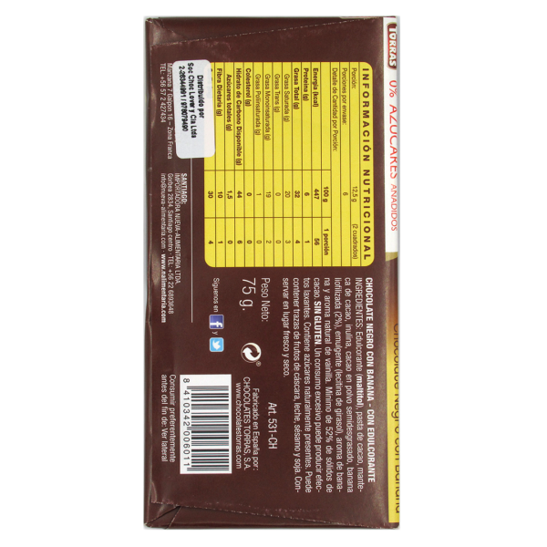 Barra de Chocolate Negro 50% Cacao con Banana, sin azucar añadida y sin gluten, 75 grs, Marca Torras 3 ETIQUETA 1210178