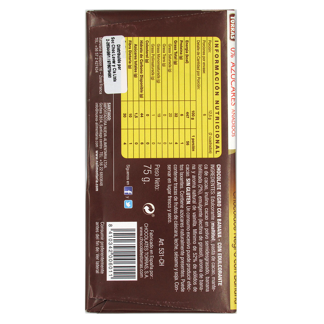 Barra de Chocolate Negro 50% Cacao con Banana, sin azucar añadida y sin gluten, 75 grs, Marca Torras 2 Barra de Chocolate Negro 50% Cacao con Banana, sin azucar añadida y sin gluten, 75 grs, Marca Torras - Imagen 2