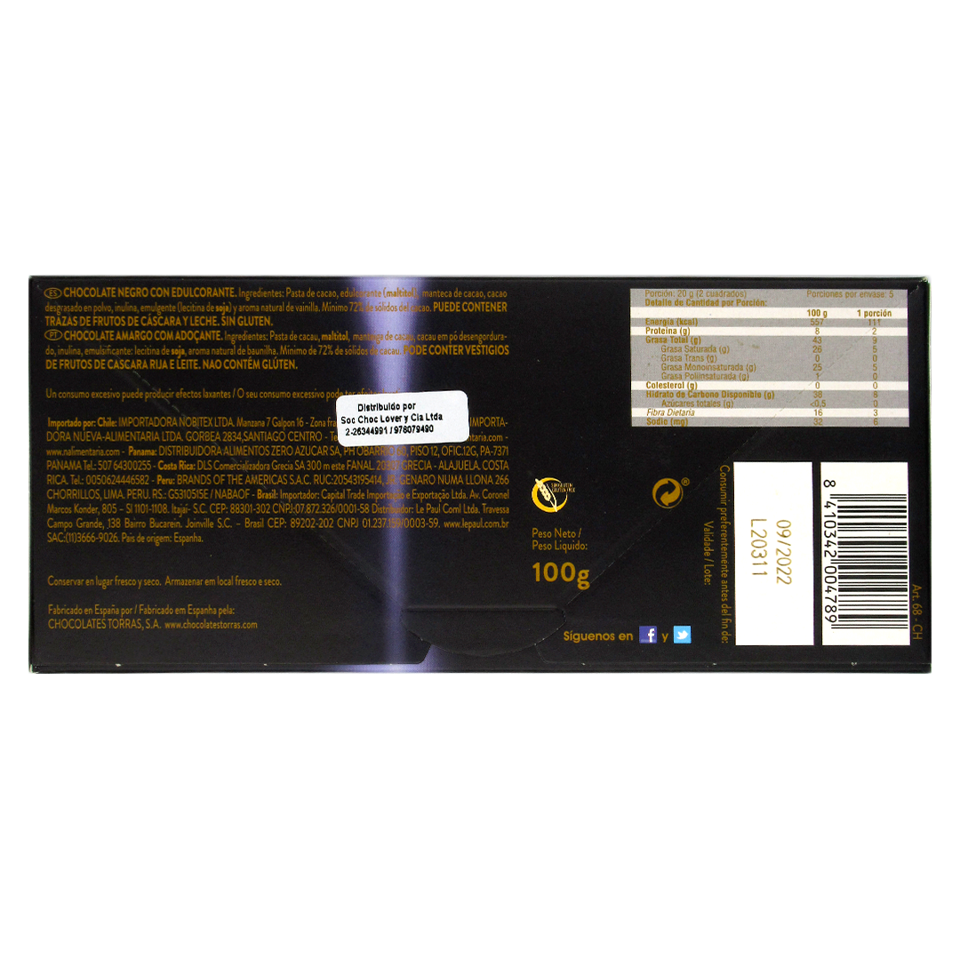 Barra de Chocolate Zero 72% Cacao sin azucar añadida y sin gluten 100 grs Marca Torras - Imagen 2