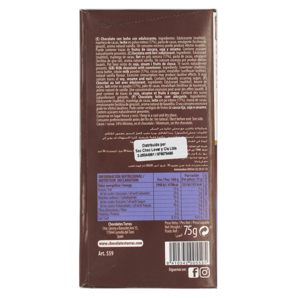 Barra de Chocolate con Leche Sin Azucar Añadida Sin Gluten 75 grs Marca Torras 3 ETIQUETA 1210185