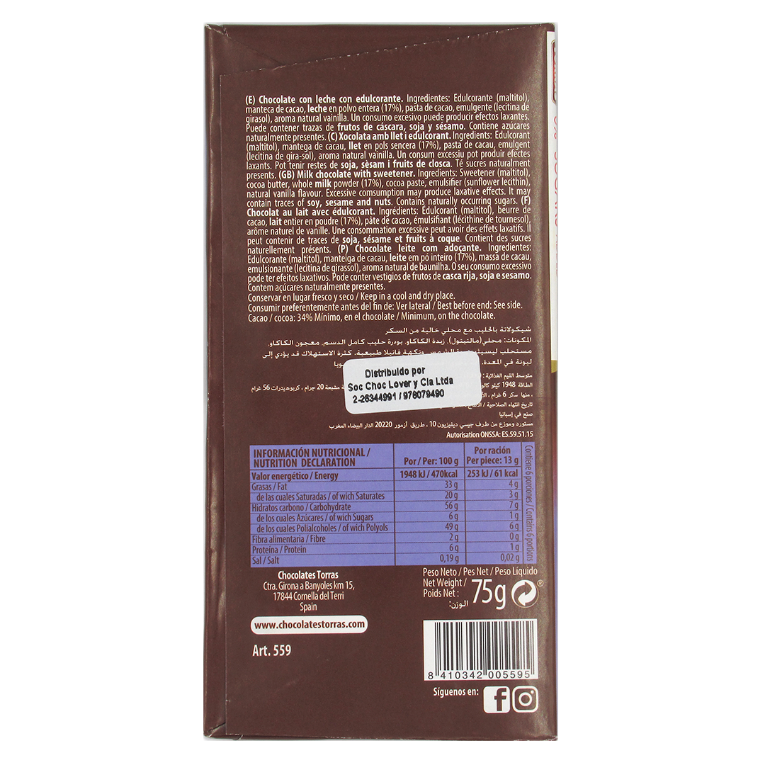 Barra de Chocolate con Leche Sin Azucar Añadida Sin Gluten 75 grs Marca Torras 2 Barra de Chocolate con Leche Sin Azucar Añadida Sin Gluten 75 grs Marca Torras - Imagen 2