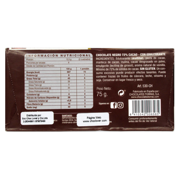 Barra de Chocolate 72% Cacao sin azucar añadida y sin gluten 75 grs Marca Torras 3 ETIQUETA 1210196