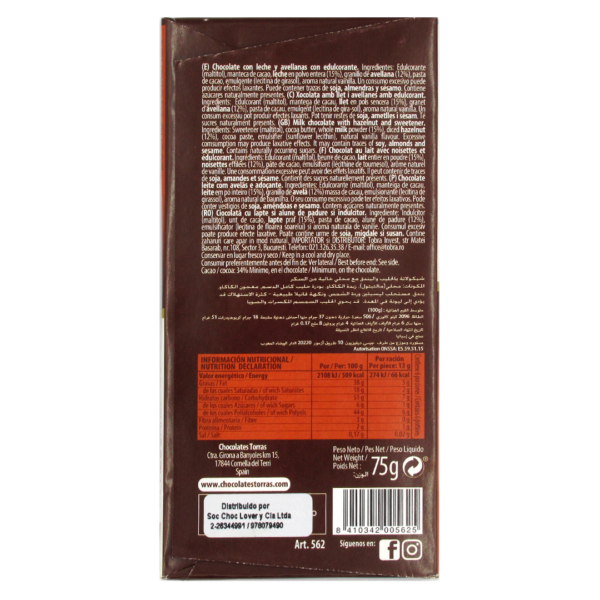 Barra de Chocolate de Leche con Avellanas sin azucar añadida y sin gluten 75 grs Marca Torras 3 ETIQUETA 1210198