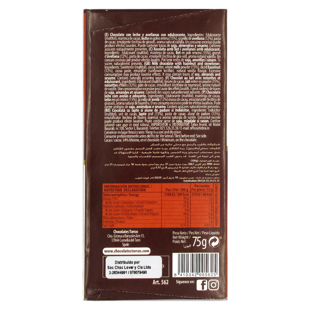 Barra de Chocolate de Leche con Avellanas sin azucar añadida y sin gluten 75 grs Marca Torras 2 Barra de Chocolate de Leche con Avellanas sin azucar añadida y sin gluten 75 grs Marca Torras - Imagen 2