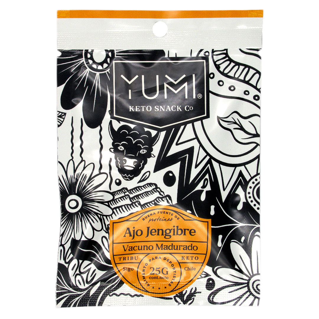 Snack Keto de Carne de Vacuno Sabor Ajo Jengibre y Pimienta 25 grs marca Yumi Yumi 1 Snack Keto de Carne de Vacuno Sabor Ajo Jengibre y Pimienta 25 grs marca Yumi Yumi