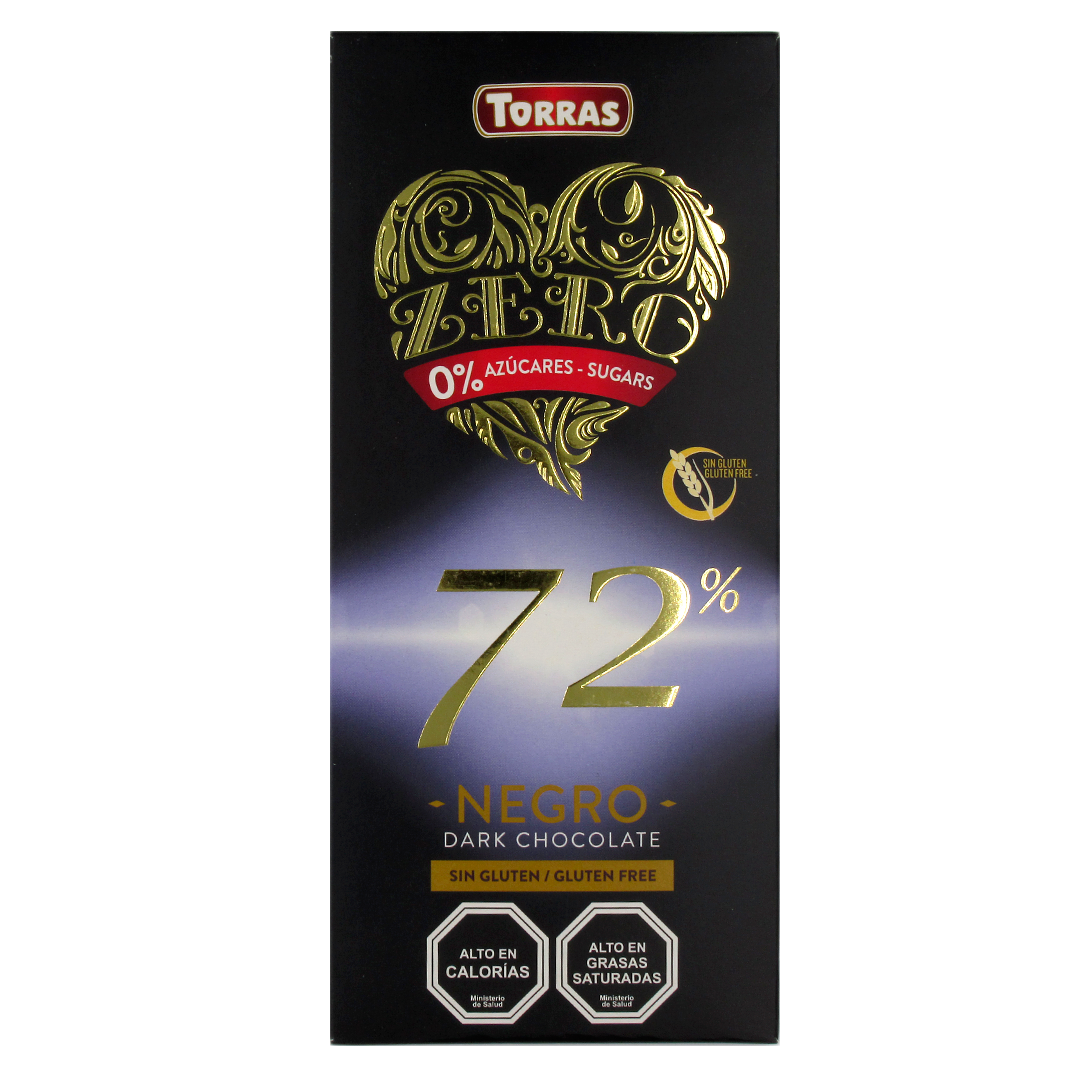 Barra de Chocolate Zero 72% Cacao sin azucar añadida y sin gluten 100 grs Marca Torras