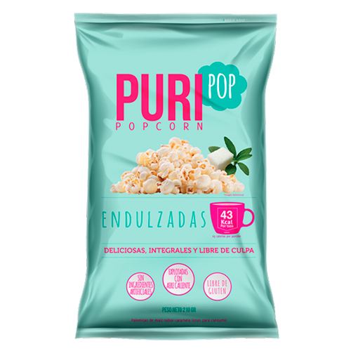 Pop Corn Libre de Gluten y Vegano Ligeramente Endulzadas Tamaño Familiar 210 grs Marca PuriSnacks