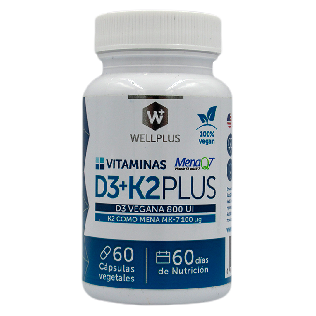 Vitamina D3 + K2 Plus Vegana, 800 UI, 60 capsulas marca Wellplus Tremus