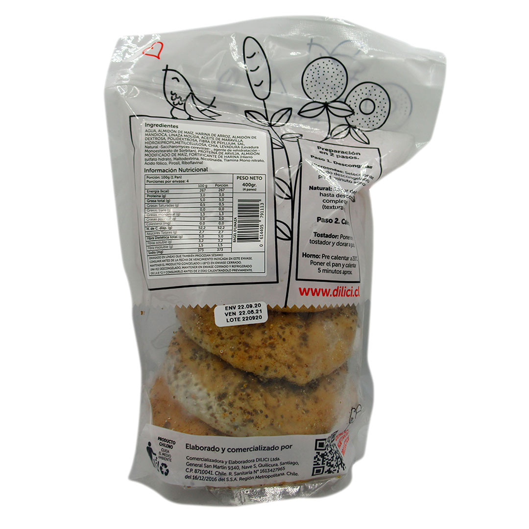 Pan Bagel de Linaza Congelado Vegano Sin Gluten 4 Un de 100 grs c/u Marca Dilici - Imagen 2