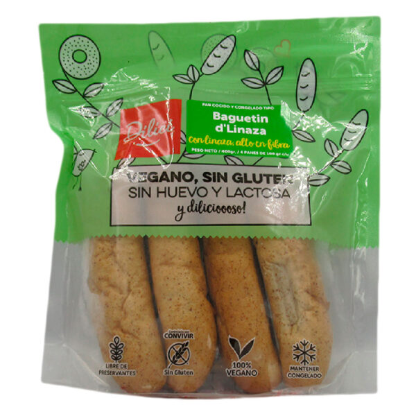 Pan Baguetin de Linaza Congelado Vegano Sin Gluten 4 Un de 100 grs c/u Marca Dilici