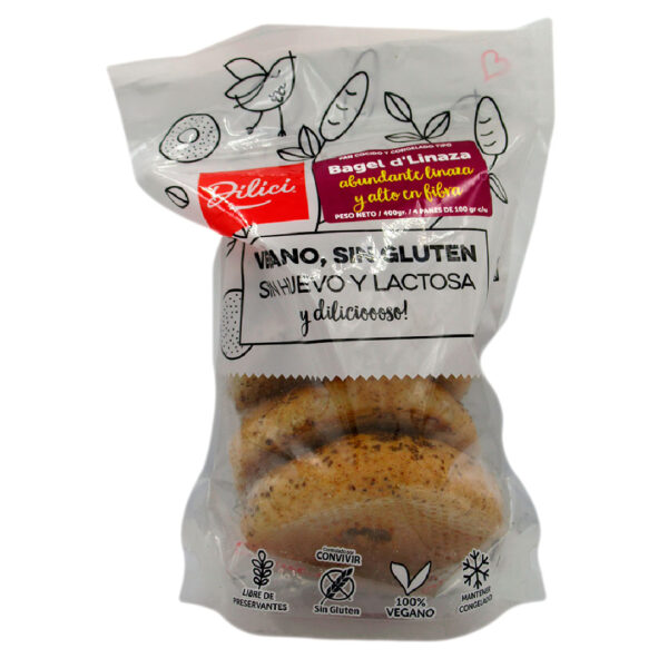 Pan Bagel de Linaza Congelado Vegano Sin Gluten 4 Un de 100 grs c/u Marca Dilici