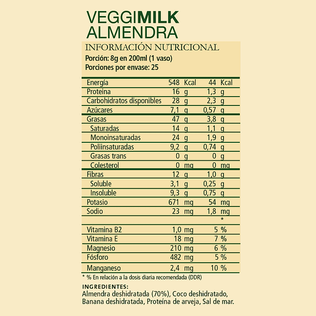 Alimento en Polvo de Almendras Veggiemilk 200 Grs Marca Aquasolar - Imagen 2