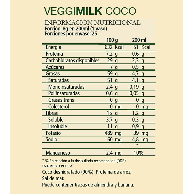 Alimento en Polvo de Coco Veggiemilk 200 Grs Marca Aquasolar - Imagen 2