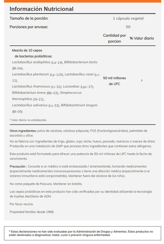 Probiotic-10 - 50 Billones 50 cápsulas veg. marca Now - Imagen 3