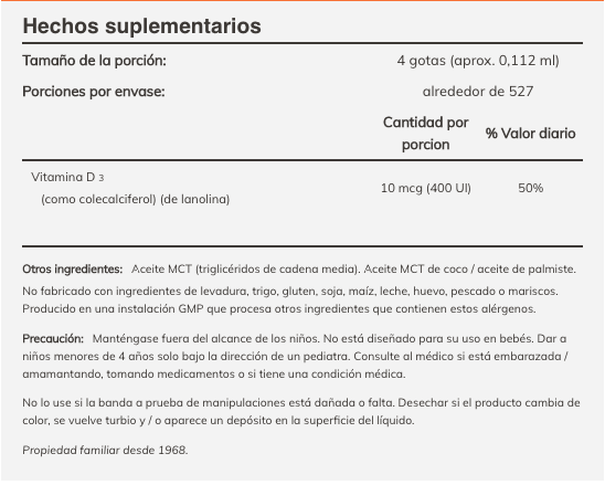 Vitamina D3 400 UI en 4 gotas 59 ml marca NOW - Imagen 3