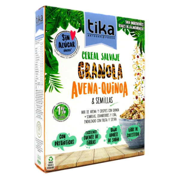 Granola Avena Quinoa y Semillas vegana sin azúcar con prebióticos 200 grs marca Tika