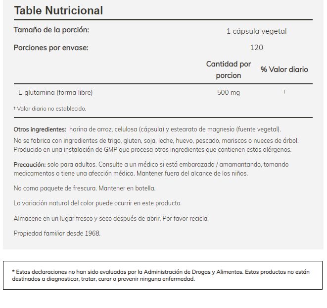 L- Glutamina 500 Mg Vegana120 cápsulas Marca Now - Imagen 2
