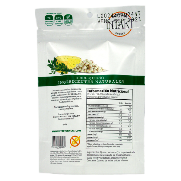 Snack Queso Crocante Oregano 20 grs Marca Intakt 3 ETIQUETA 1160394