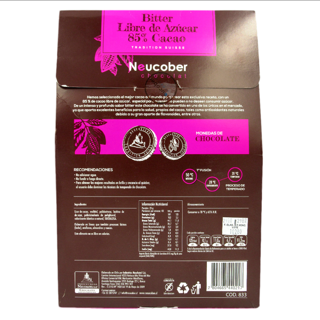 Chocolate Bitter 85 Cacao vegano , sin azucar, sin gluten , 1 kg
