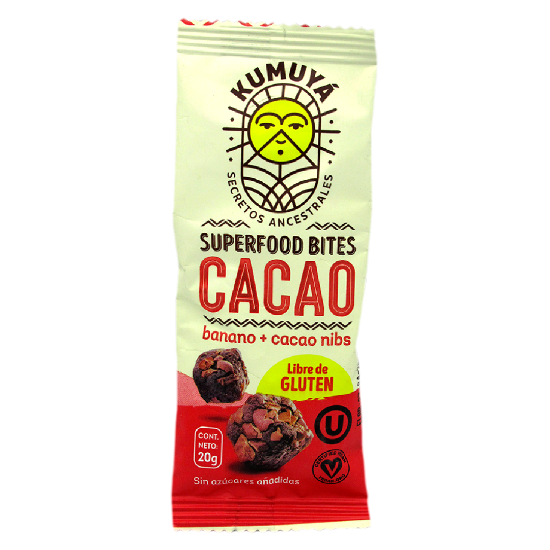 Snack Vegano de Platano + Cacao Nibs, Sin Glúten, 20 grs, marca Kumuya Tremus