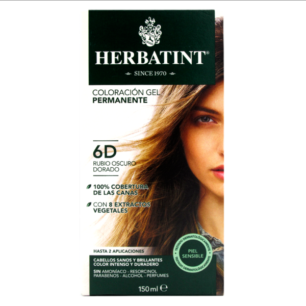 Tinte Gel Vegetal 6D Cabello Rubio Oscuro Dorado sin amoniaco150 ml marca Herbatint