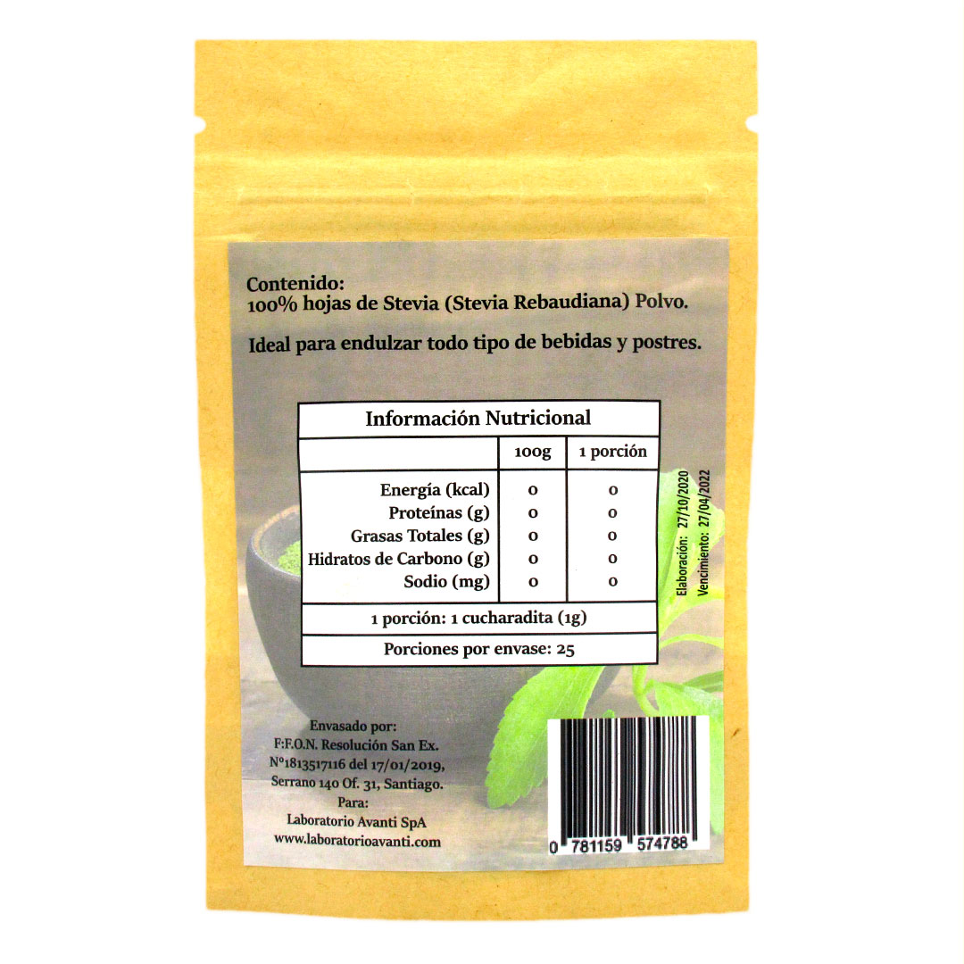 Stevia En Polvo Libre de Aditivos y Excipientes 25 grs Marca Avanti - Imagen 2