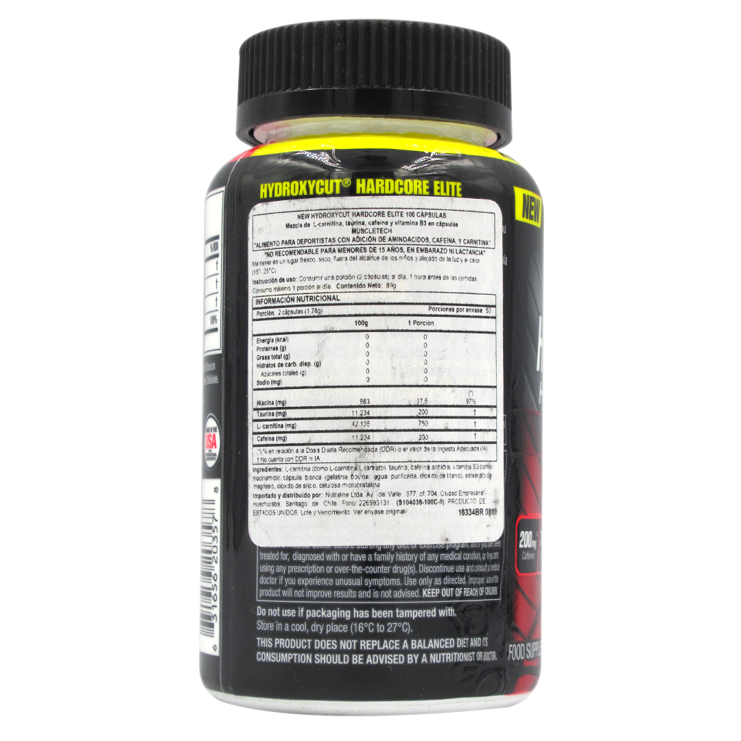 Hidroxycut Hardcore Elite Mezcla de L carnitina Cafeina y Vitamina B1 100 Capsulas Marca Muscle Tech - Imagen 2