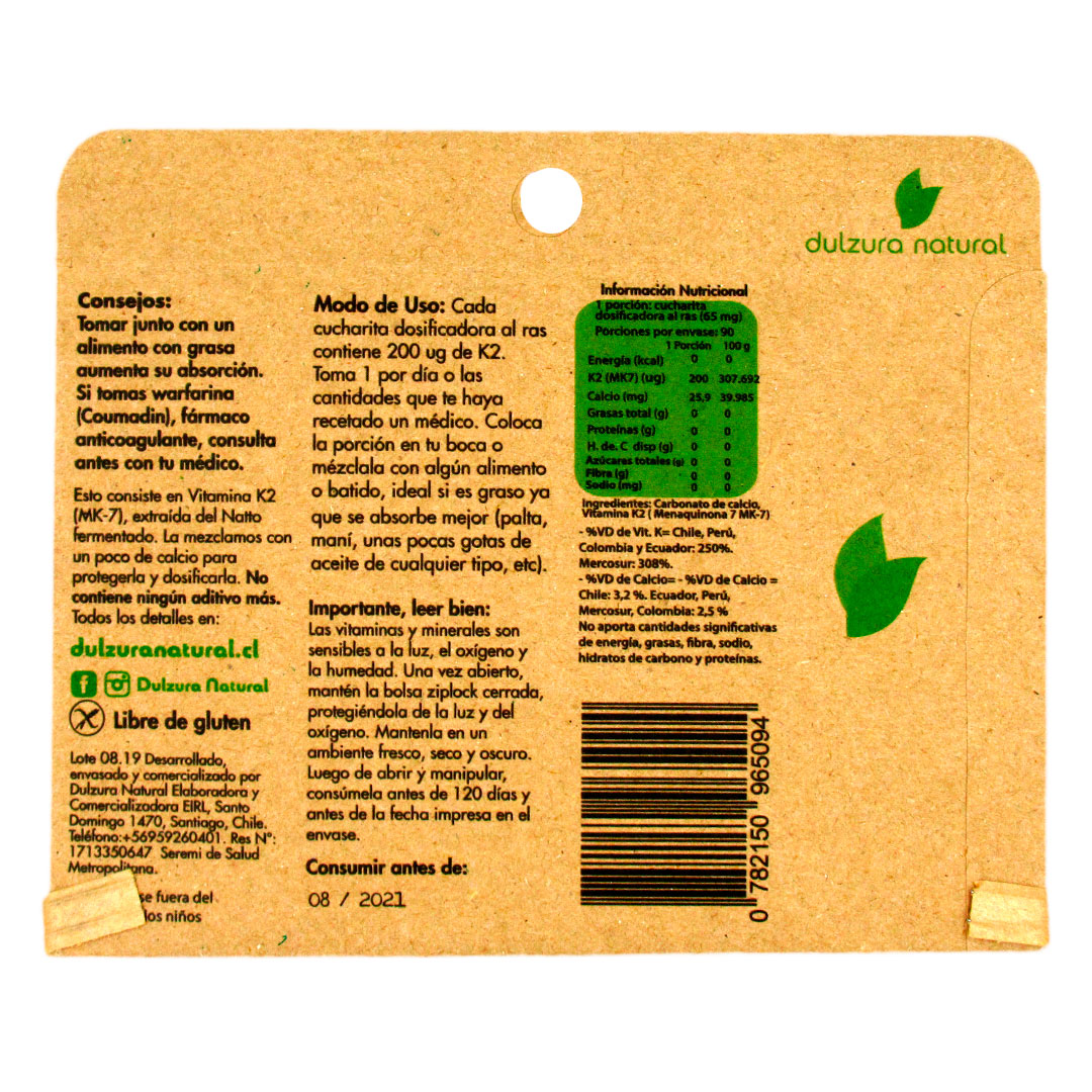 Vitamina K2 90 Porciones de 200 ug Marca Dulzura Natural - Imagen 2