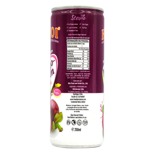 Jugo de Mangosteen, Sin Azucar, Sin Gluten, Vegano, 250 ml, Marca Hanoi 3 ETIQUETA 1180119