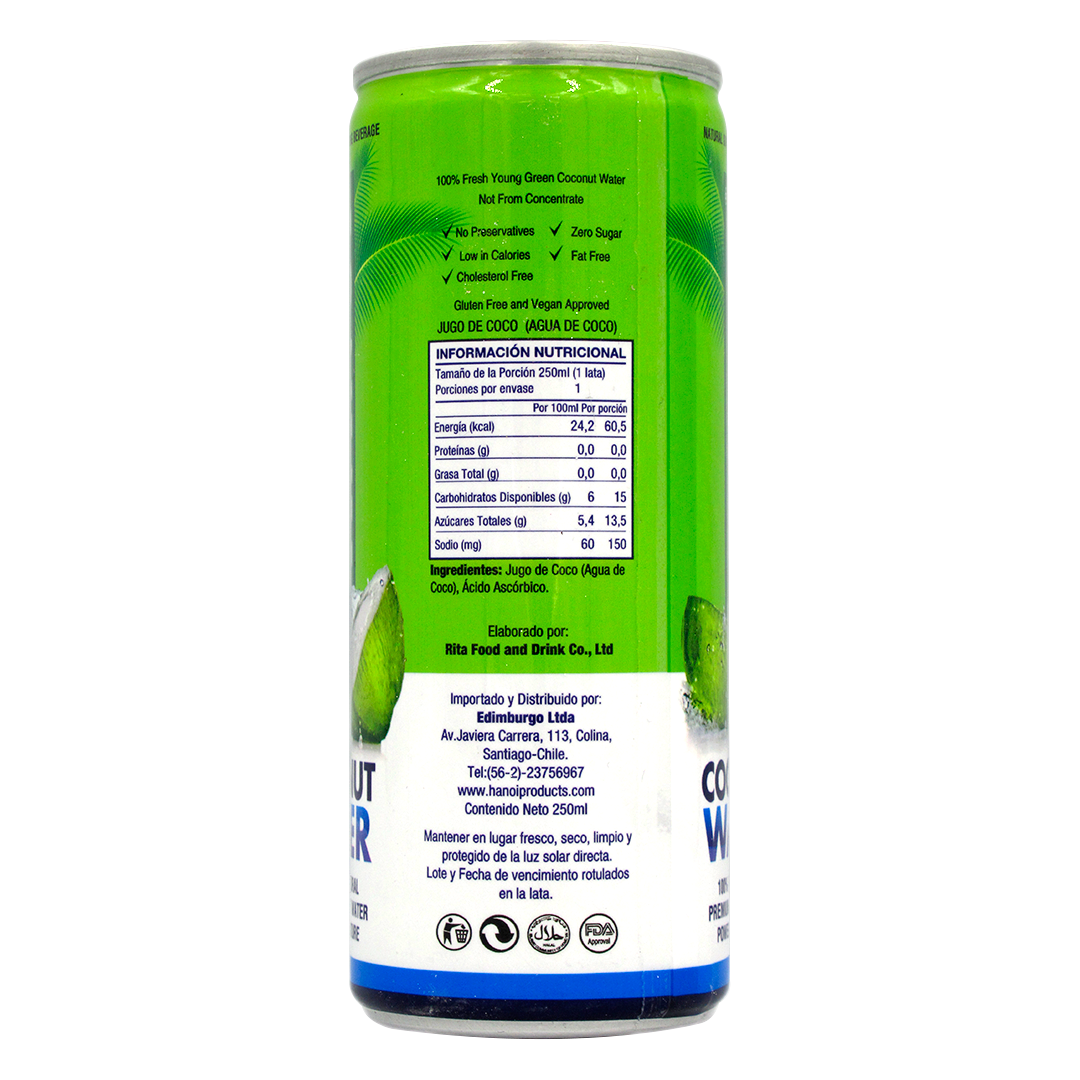 Agua de Coco, Sin Gluten, Vegano, Sin Azucar añadida, 250 ml, Marca Hanoi - Imagen 2