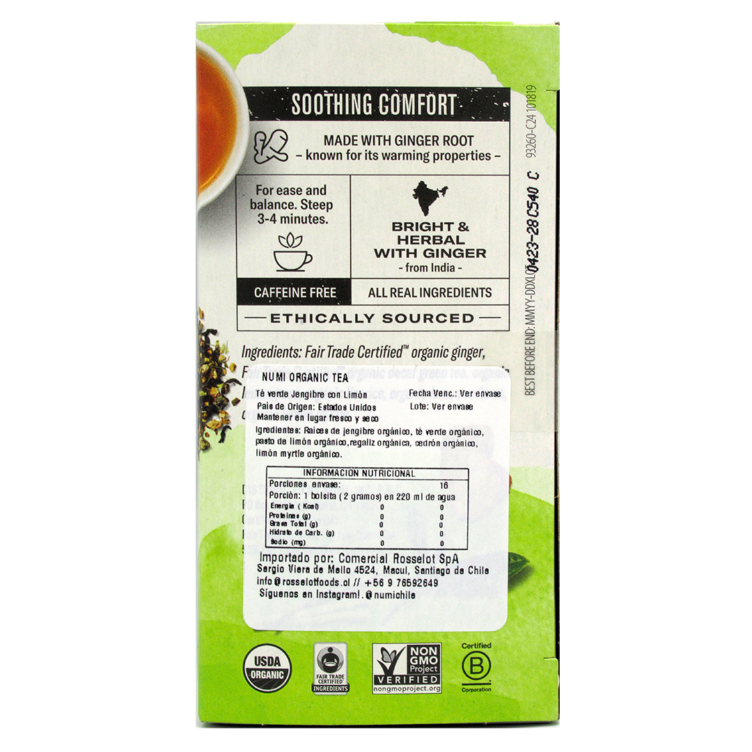 Te Verde de Jengibre y LimonOrganico16 Bolsitas Marca Numi - Imagen 2