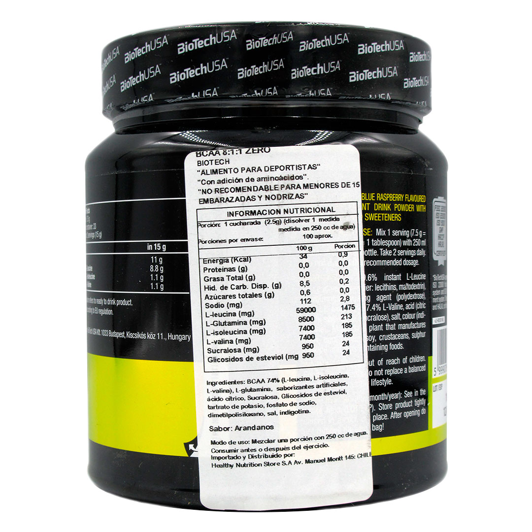 BCAA 8:1:1 Zero Sabor Arandano Azul 250 Grs Marca Biotech Usa - Imagen 2