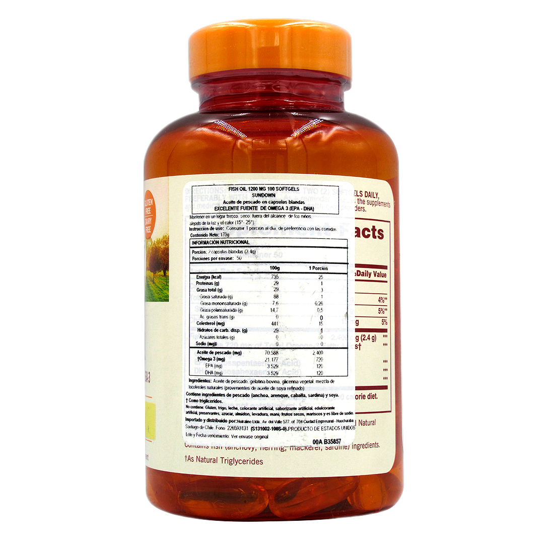 Aceite de Pescado, Sin GMO, 1200 mg, 100 Capsulas Blandas, Marca Sundown - Imagen 2