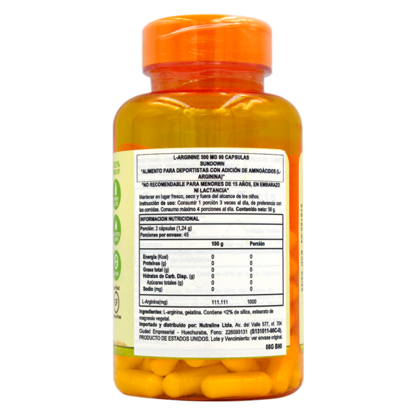 L- Arginina Sin Gluten Sin Gmo 500 mg 90 Capsulas Marca Sundown 3 ETIQUETA 3020529
