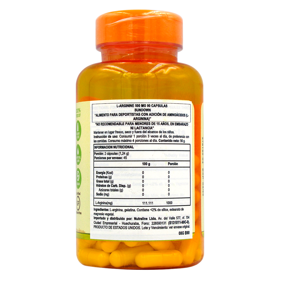 L- Arginina Sin Gluten Sin Gmo 500 mg 90 Capsulas Marca Sundown 2 L- Arginina Sin Gluten Sin Gmo 500 mg 90 Capsulas Marca Sundown - Imagen 2