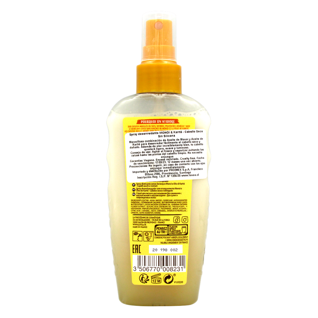 Spray Desenredante Monoi y Karite Sin Silicona 150 ml Marca Lovea - Imagen 2