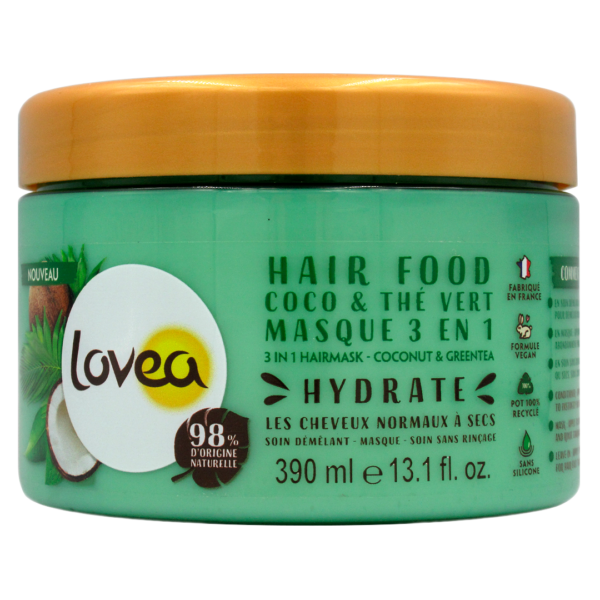 Crema de Masaje para el Pelo, Coco y Te Verde, Todo tipo de cabello, Sin Silicona, 390ml, Marca Lovea