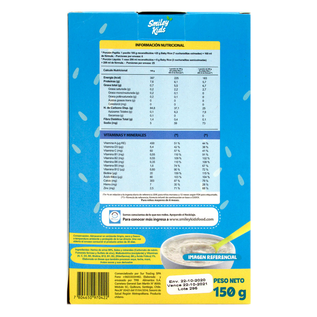Baby Rice Cereal, Sin Gluten, Sin Azucar Añadida, Sin Preservantes, 150 Grs, Marca Smiley Kids - Imagen 2