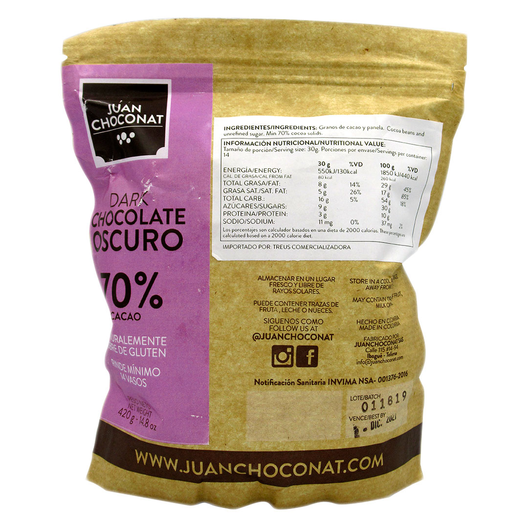 Chocolate 70 Cacao, Sin Gluten, Sin Lactosa,420 Grs, Marca Juan