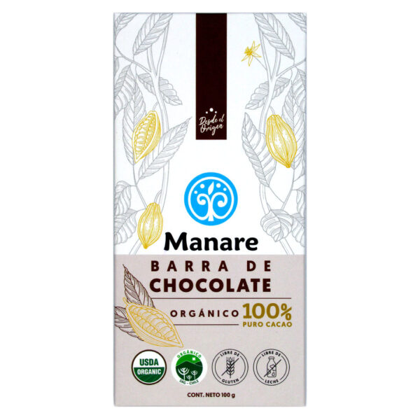Barra de Chocolate 100% Cacao Organico Sin Glutenlibre de leche 100 grs Marca Manare