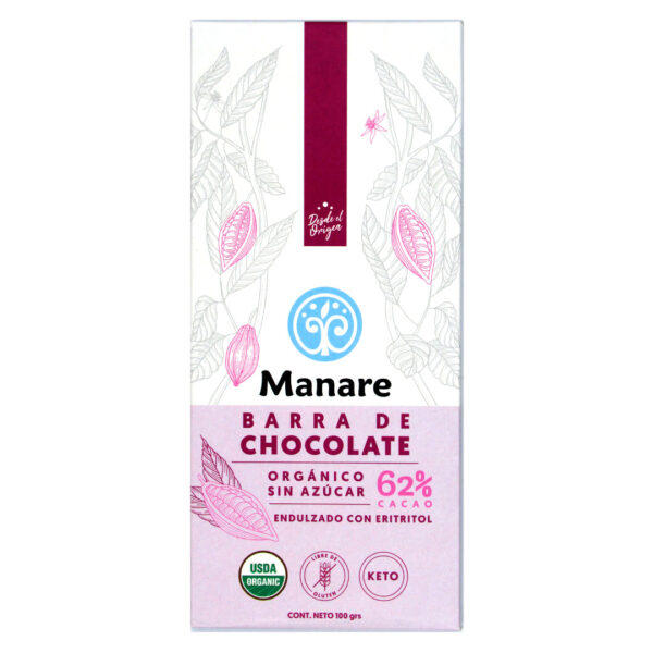 Barra de Chocolate 62% Cacao Keto Orgánico Libre de gluten 100 grs Marca Manare