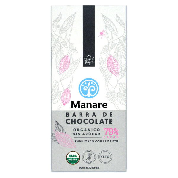 Barra de chocolate Keto 79% cacao Orgánico Libre de gluten 100 grs  Marca Manare